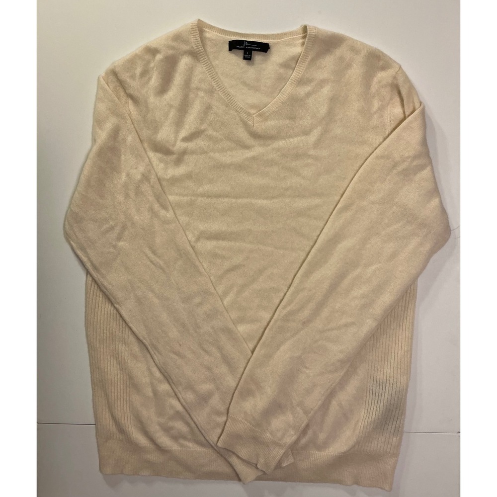 Marc Anthony Mens Cream V Neck Long Sleeve‎ Sweater Sz Large Neutral Basic Work
